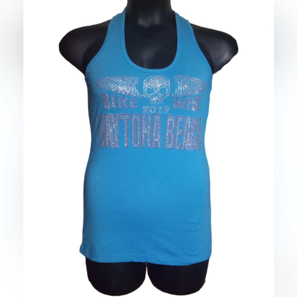 Delta Ringspun | Blue Bling Daytona Beach 2019 Bike Week Racerback Tank | Large